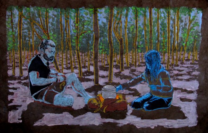 Caroline et Guillaume, feu de bois au Baïkal.